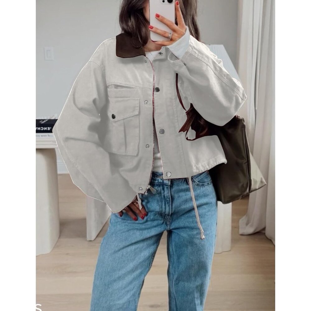 Women's Cream Cropped Contrast Collar Utility Coat Cargo Jacket Imported - Picture 5 of 6